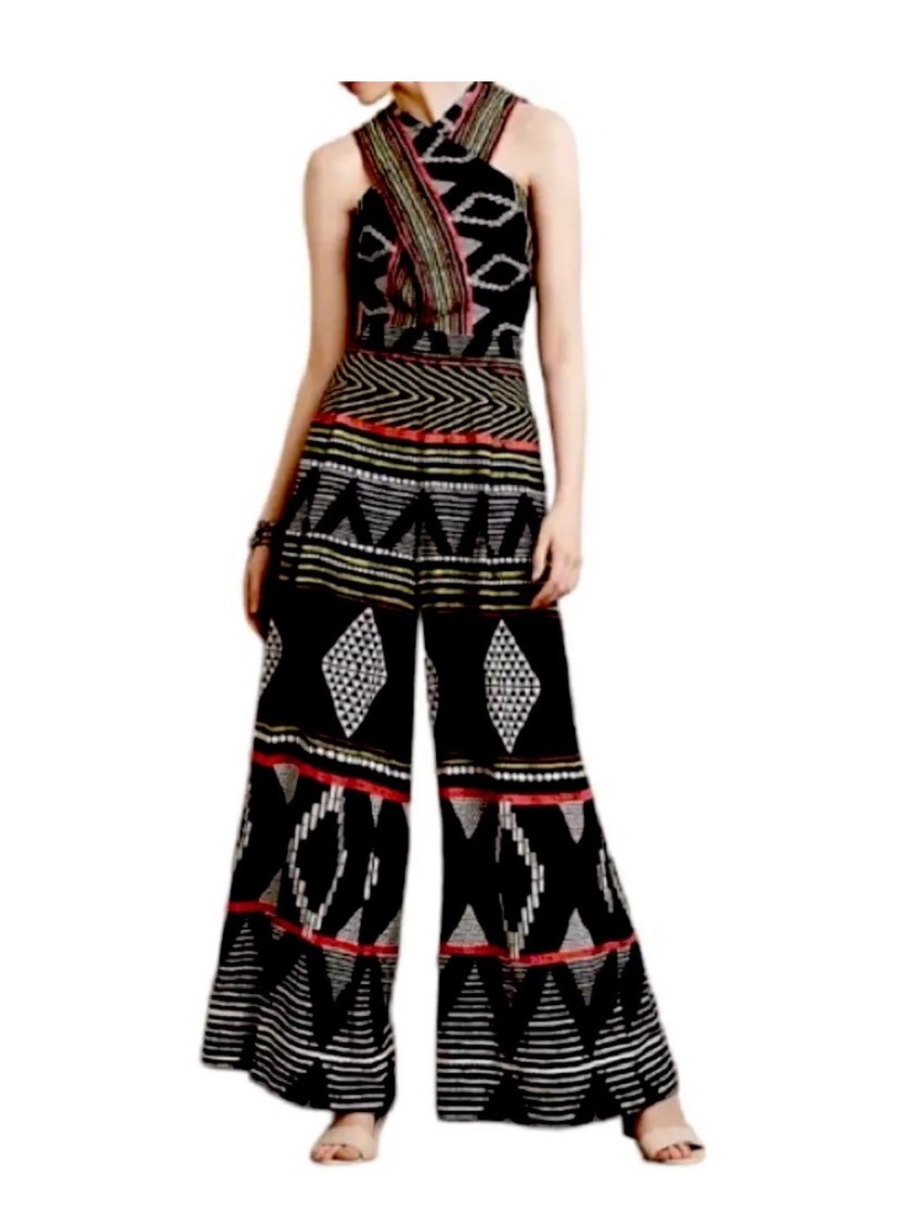 Anthropologie elevenses Black Geometric Halter Wide-Leg Jumpsuit